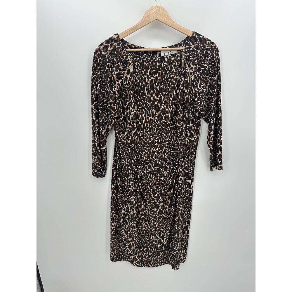 Joseph Ribkoff Dress Women 14 Cheetah Print Long Sleeve Ruched Stretch Knee